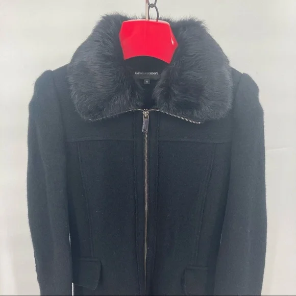 Emporio Armani Black Wool Zip Front Overcoat with Rabbit Fur
